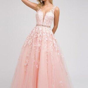 New Blush Beaded Illusion V-Neck A-Line Shape Prom Evening Maxi Long Dress JT224